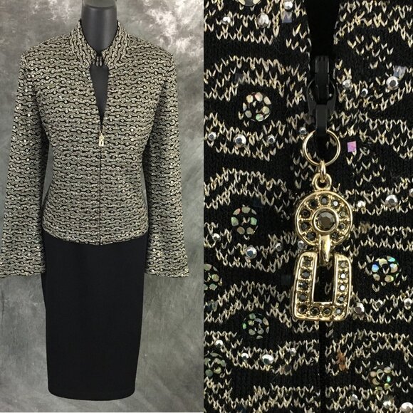 BEAUTIFUL St John evening black rhinestones embellished jacket skirt suit 14